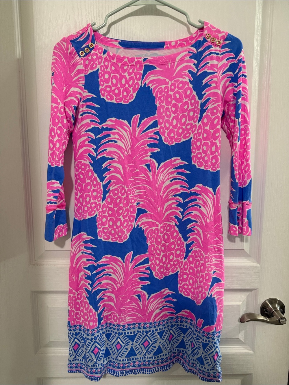 Lilly Pulitzer Pink Pineapple Print Shift Dress with Blue Base